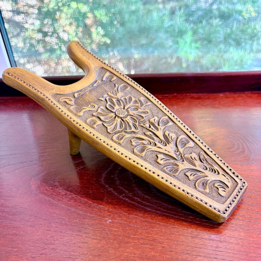 Vintage 1970s Resin Boot Jack Faux Tooled Leather Western Floral Cowboy
